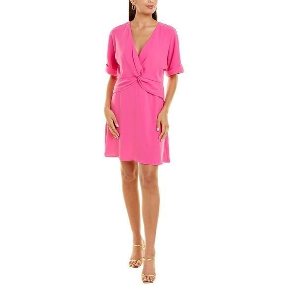 NWT Trina Turk Nabila Fuschia Pink Twist Front Deep V Neck Mini Dress Size 14 - Picture 1 of 12